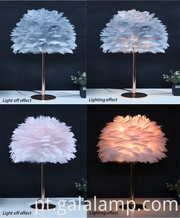 Lâmpada de mesa de penas de ouro rosa elegante para quartos elegantes